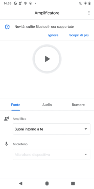 L'app Amplificatore permette di amplificare i suono circostanti oppure quelli in riproduzione dallo smartphone.