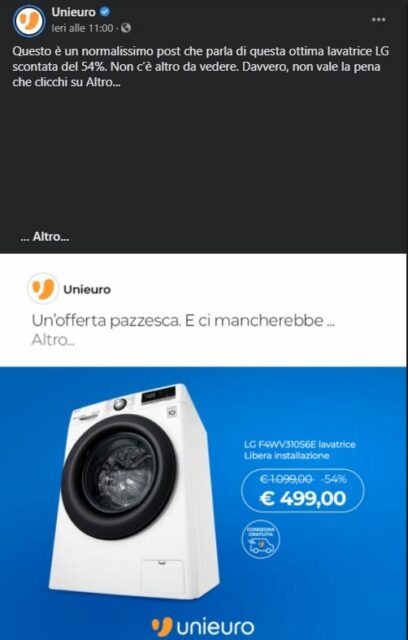 unieuro post facebook lavatrice