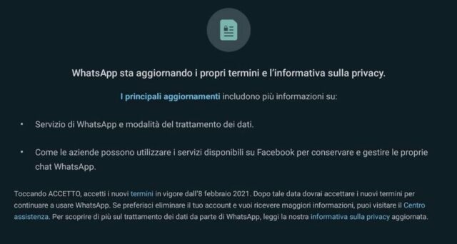 whatsapp messaggio aggiornamento dati facebook