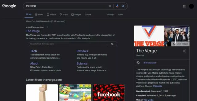 google dark mode desktop ricerche test