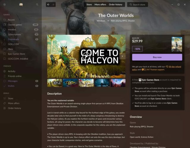 GOG Galaxy con Epic Games Store