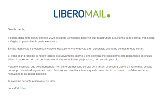 libero viriglio mail down oggi 23 gennaio