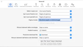 Finestra preferenze generali di Safari su macOS per disattivare apertura automatica ZIP.